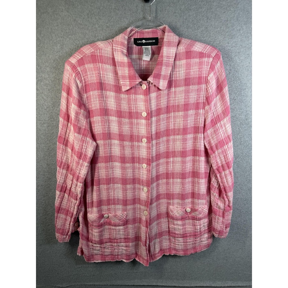 Sag Harbor Shirt Womens 18 Pink Plaid Linen Rayon Button Tunic Top Long Sleeve